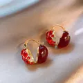 Elegant red rhinestone and burgundy cabochon geometric hoop earrings for winter fashion - Round Ball Style (12#) / Red