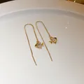 Detail view of gold threader earrings featuring a sparkling fish charm with crystals. - Goldfish (9#)