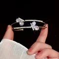 Elegant double-layer open bangle with zircon butterflies in silver finish for women - Style 40 / Silver