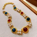 Ornate vintage palace style gold necklace with red blue stones and white pearls - 1# Necklace