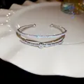 Elegant double layer silver open bangle with sparkling heart zircon and baguette stones - Style 44 / Silver-White