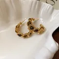Gold beaded hoop earrings with brown faux tiger eye stones and silver needles - Light Luxury Semi-Circular Style (44#)