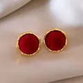 Eleganti orecchini vintage dorati con centro rotondo in velluto rosso scuro da donna - Stile Floccato ad Anello Irregolare (52#)