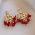 Vintage Maillard style red beaded drop earrings with golden filigree design - Vintage Hollow Pattern Earrings (41#)
