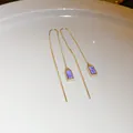 Elegant long gold tassel threader earrings featuring purple rectangular resin pendants - Square (42#)
