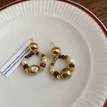 Vintage Maillard style resin bead hoop stud earrings with golden finish and silver needles - Irregular Metal Resin Style (38#)