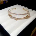 Elegant gold double-layer adjustable open cuff bangle with marquise-cut clear zircons - Style 59 / Gold-White
