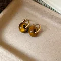 Eleganti orecchini a cerchio vintage dorati con perle di pietra marrone occhio di tigre - Cerchio Stile Caffè (11)