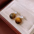 Vintage style round brown resin stud earrings with sparkling crystal, presented in a luxury gift box - Gold Edged Tiger Eye Style (37#)
