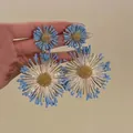Handmade blue raffia flower drop earrings with gold accents, bohemian vacation style accessories - 63# Blue Gold Raffia Radial Flower Style