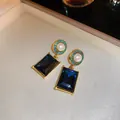 Detailed view of vintage rectangular blue crystal and pearl drop earrings - 45# Silver Earring Post - Gold - Blue