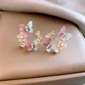 Elegant butterfly stud earrings with colorful wings, pearls and sparkling rhinestones - Style 31 French Butterfly Pearl