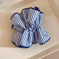 Retro blue and white striped pleated large scrunchie hair tie for elegant styling - Blue Double Layer Stripes