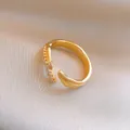 Minimalist elegant gold plated adjustable open ring with sparkling crystal accents - 17# Rhinestone Row Leaf Style