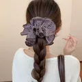 Large pleated striped hair scrunchie in brown and white for elegant hairstyles - Brown Double Layer Stripes