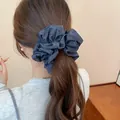 Vintage oversized pleated hair scrunchie in denim blue fabric for elegant ponytail. - Gray Plaid Polka Dot