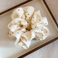Elegant cream beige fabric scrunchie with black polka dots for vintage hair styling - White Plaid Polka Dot