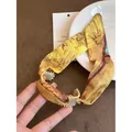 Retro matte gold cuff bracelet wrapped in artistic sunflower oil painting silk scarf. - One Size / Gold Yellow Narrow Version