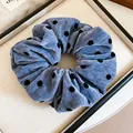 Soft blue velvet polka dot scrunchie with ruched texture hair accessory - Blue Flocked Polka Dot