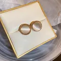 Elegant round cat-eye stone stud earrings with vintage gold braided frame - 19# Gold Round Cat Eye Earrings