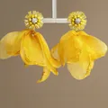 Vibrant yellow fabric flower petal stud earrings featuring shimmering center crystals - Yellow (19# Silver Post-Yellow)