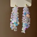 Exquisite iridescent sequin flower tassel drop earrings with silver needle studs - Blue White (21# Silver Post-Blue-White)