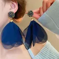 Elegant oversized dark blue fabric flower drop earrings with colorful beaded studs - Blue (25# Silver Post-Blue)