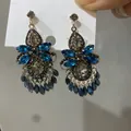 Blue floral crystal dangle earrings with silver needles for a sophisticated style - Rhinestone Multi-layer Pendant Style (56#) - Silver Earring Post / Blue