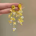 Statement yellow fabric flower tassel earrings with multi-faceted clear crystal beads decoration - Yellow (26# Silver Post-Yellow)