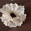 Elegant cream eyelet lace scrunchie with floral embroidery and pleated vintage style - White Openwork Lace