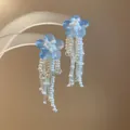 Light blue transparent floral stud earrings with elegant white beaded tassel fringe detail - Blue White (30# Silver Post-White-Blue)