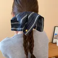 Elegant vintage navy blue striped pleated hair scrunchie with a gold heart charm - Black Square Striped