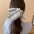 Vintage blue and white striped fabric scarf scrunchie with a gold heart charm accent - Cream Square Striped