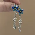 Elegant blue floral tassel earrings featuring silver leaf details and hypoallergenic silver needles - Blue Silver (43# Ear Hook-Silver-Blue)