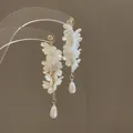 Elegant long dangling earrings with white floral designs and pearl water drop pendants - White Flower (47# Silver Post-White-Flower)