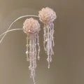 Elegant light pink beaded tassel earrings with shimmering crystal fringe for romantic style - Pink (49# Silver Post-Pink)