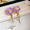 Elegant purple fabric flower stud earrings with long gold tassels and cream pearl center - Purple (64# Steel Post-Purple)