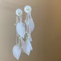 Elegant silver needle tassel earrings with white leaves and iridescent crystal beads. - White (70# Silver Post-White)