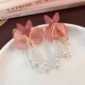 Elegant fabric flower earrings featuring pink butterfly and cascading pearl tassels - Pink (73# Silver Post-Pink)