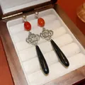 Elegant New Chinese style water-drop earrings with red beads and black pendants - 5# Silver Pin-Chinese Knot-Water Droplet