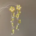 Exquisite long yellow fabric flower earrings featuring pearl tassels and elegant gold accents. - Yellow Gold (77# Silver Post-Gold-Yellow)