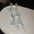 Elegant light blue fabric flower tassel earrings with crystals and gold-tone finish - Blue Gold (79# Silver Post-Gold-Blue)