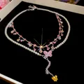Close-up of elegant pearl necklace with pink zircon butterfly and shell pendants for women - Dopamine Zirconia Pearl Style (8#) / White-Pink