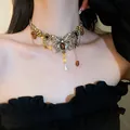 Elegant vintage butterfly zircon choker necklace with amber and pearl drops shown on a model. - Vintage Court Butterfly Style (20#) / Gold-Silver