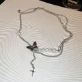 Fashionable silver butterfly pendant necklace featuring pearls and star charm details - European Cool Black Butterfly Pearl Style / Black