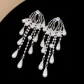 Detalle de primer plano de elegantes pendientes de plata con perlas y circonitas - Estilo Gota de Agua con Borla / Plata-Blanco