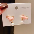 Pink enamel horse stud earrings with white pearl dangles and 316L stainless steel card. - Pink White Pearl Horse (53#)