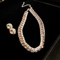 Elegant champagne crystal necklace and earring set with shimmering rhinestone border - Necklace + Earrings / Silver-Light Pink