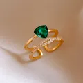 Gold-plated open ring featuring a triangular green gemstone and micro-pave zircons - 16# Emerald Double Layer Open Style