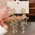 Detailed view of gold plated star dangle earrings with rhinestones and pearls - Star Tassel Style / Pearl Decoration / Gold